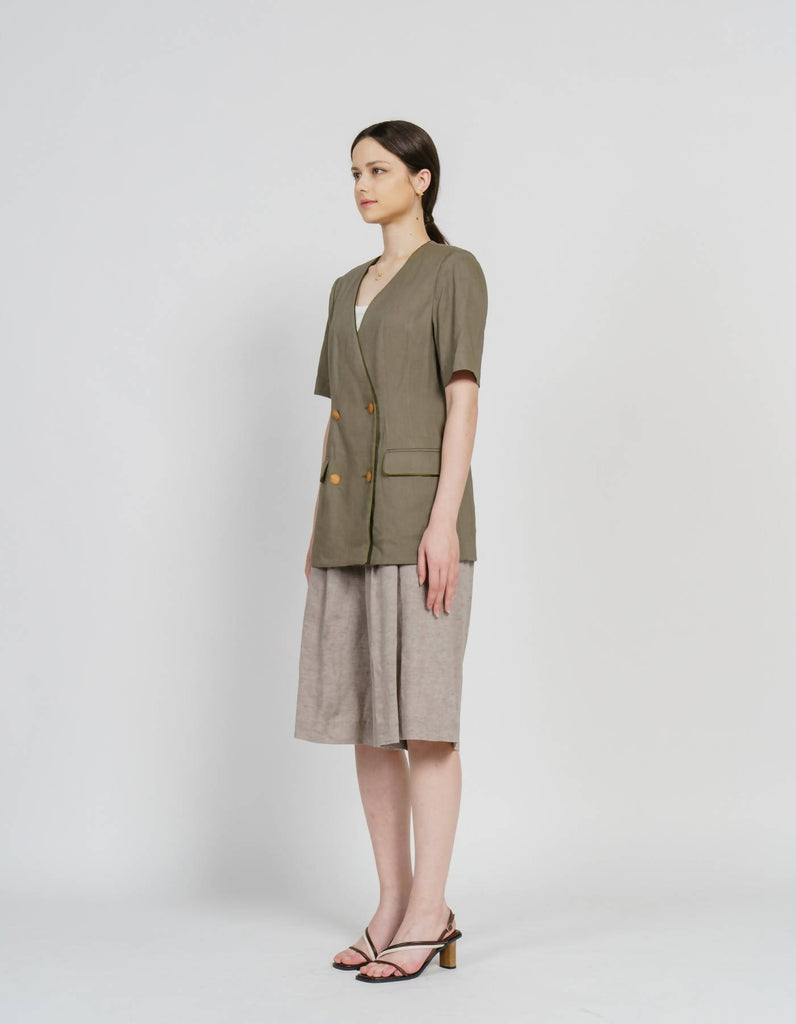 Linen Blending Piping V-Neck Jacket