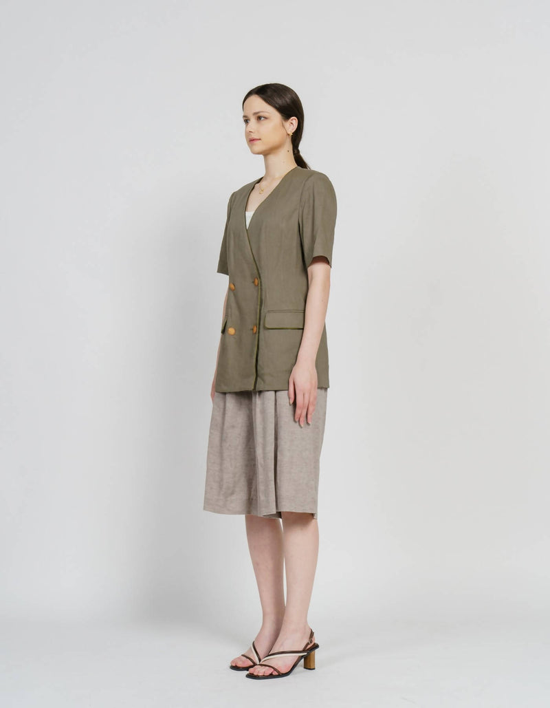 Linen Blending Piping V-Neck Jacket