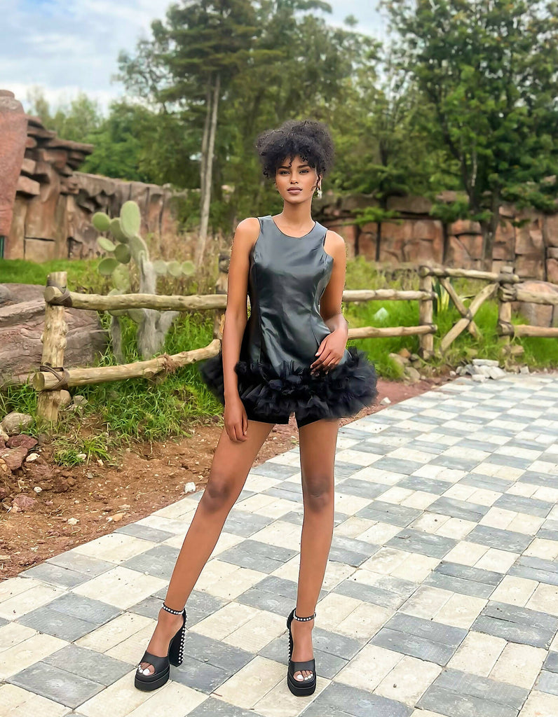 Ms Mini Leather Ruffle Dress