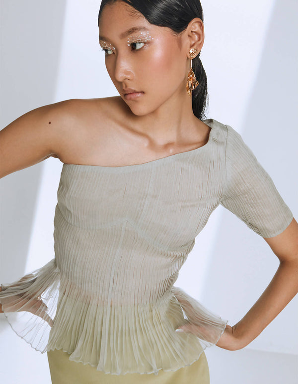 One-Shoulder Pleated Bodycon Top in Gray