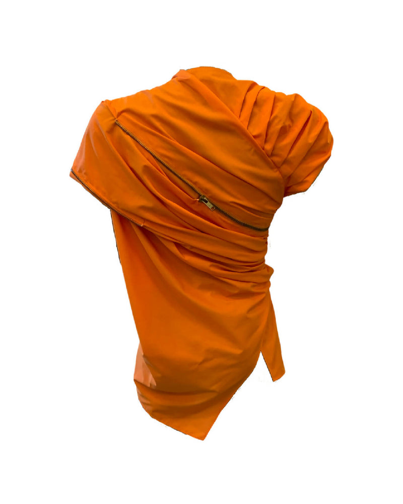A draped sleeveless shirt.