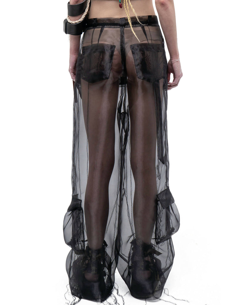 ORGANZA ROOTED BLACK CARGO PANTS