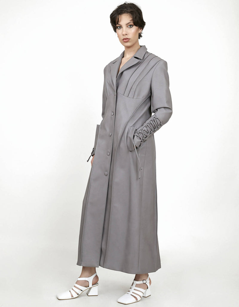 Gray Faux Leather Trench Coat