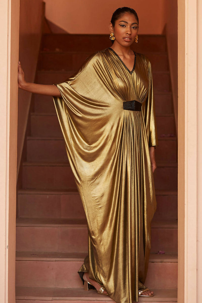 Gold Mettalic Kaftan With Embroidered Belt